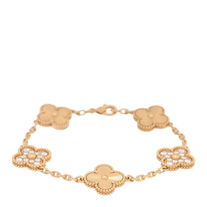 Van Cleef & Arpels 18K Yellow Gold Diamond 5 Motifs Guilloche Vintage Alhambra Bracelet