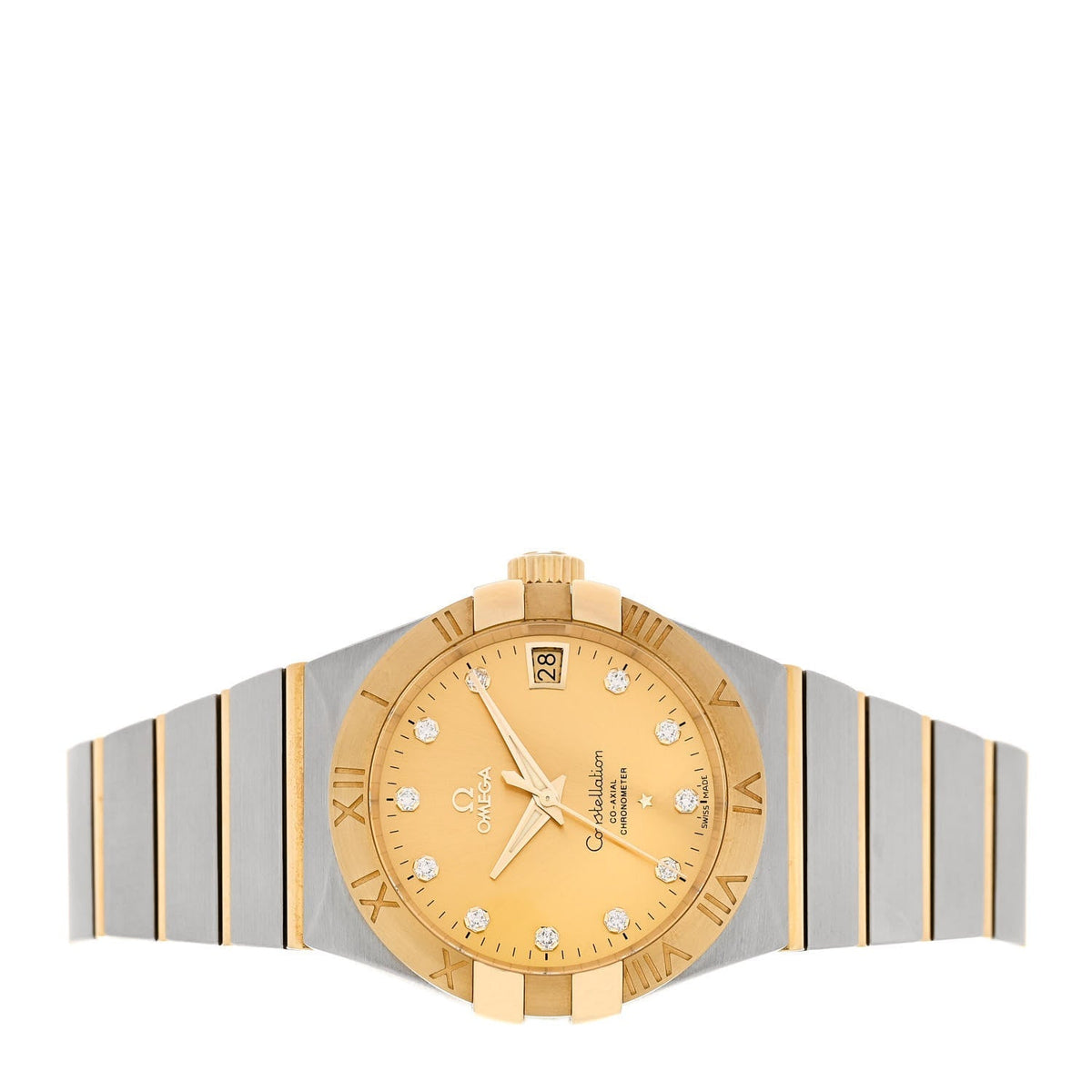 Omega Stainless Steel 18K Yellow Gold Diamond 38mm Constellation Co-Axial Watch Champagne 123.20.38.21.58.001