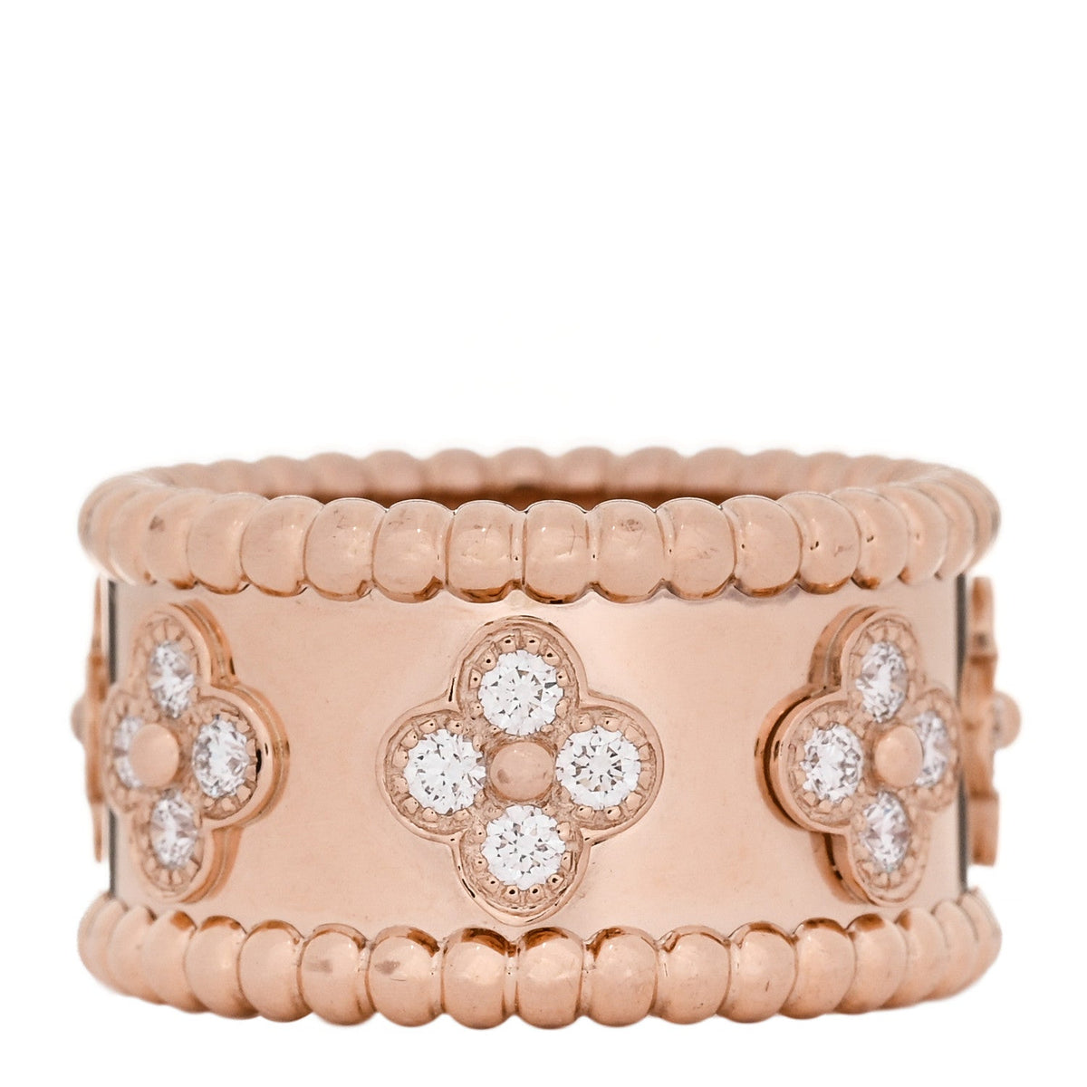 Van Cleef & Arpels 18K Rose Gold Diamond Perlee Clovers Ring 48 4.5