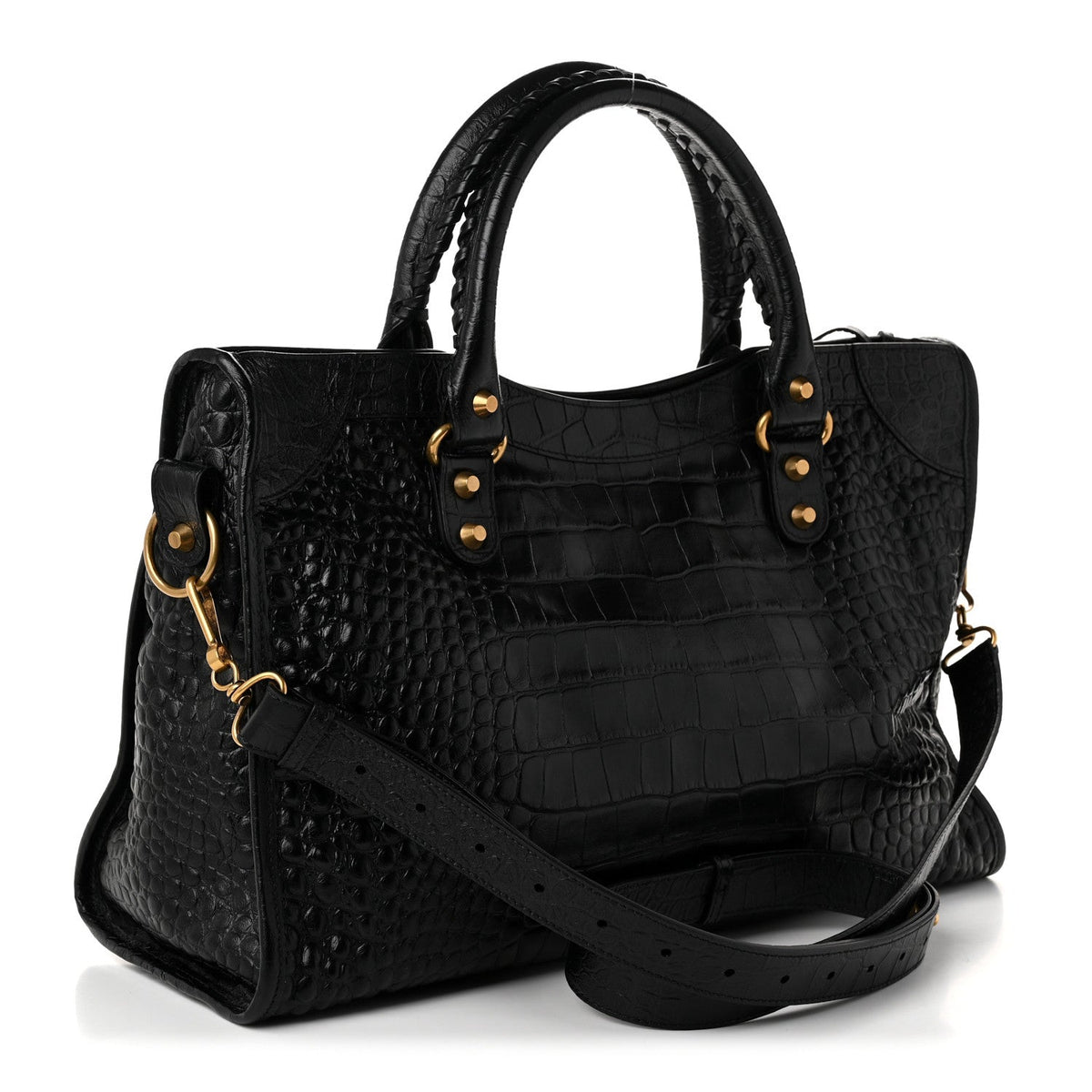 Balenciaga Calfskin Crocodile Embossed Gold Hardware Le City Black