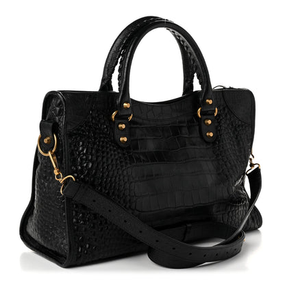 Balenciaga Calfskin Crocodile Embossed Gold Hardware Le City Black