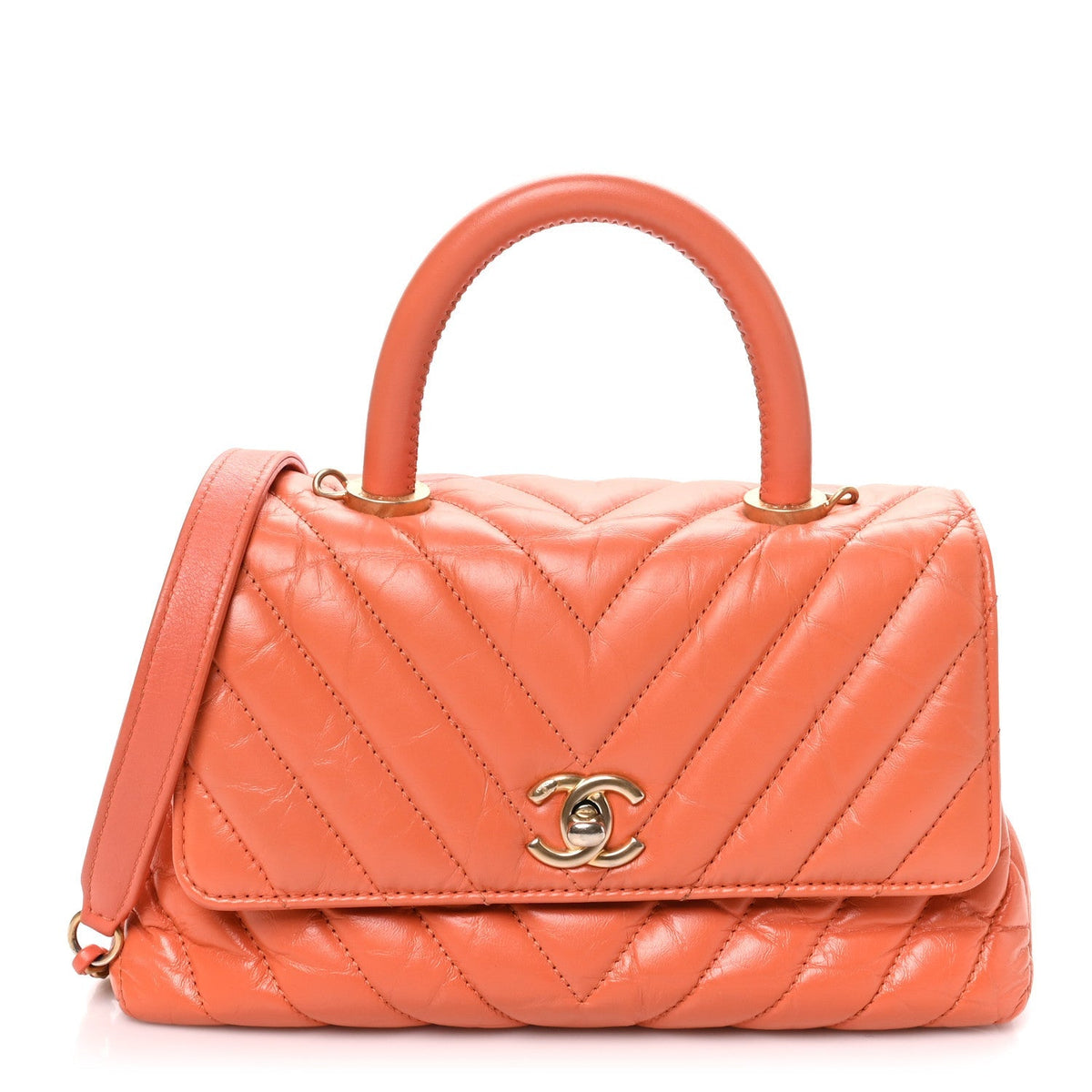 Chanel Aged Calfskin Chevron Quilted Mini Coco Handle Flap Orange