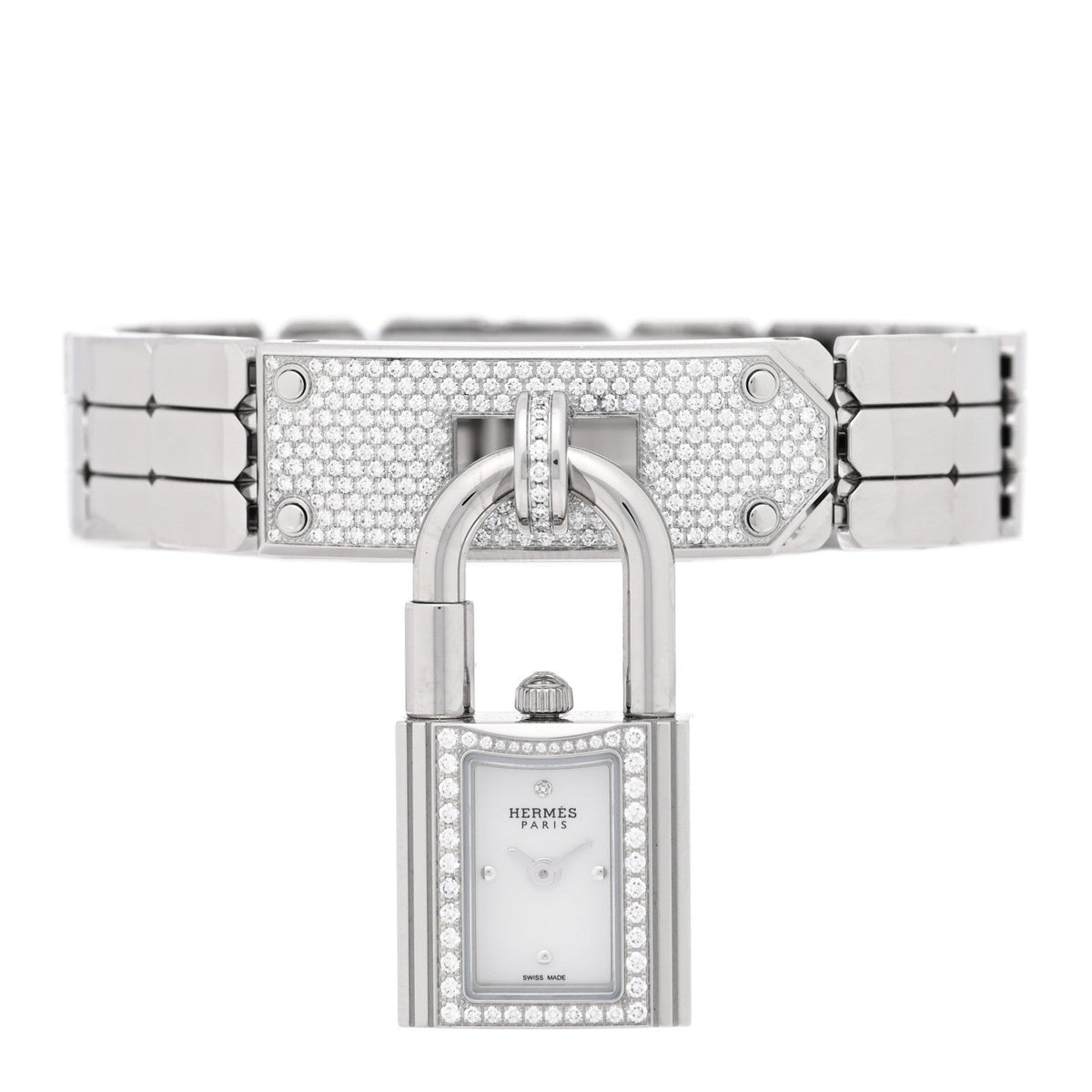 Hermes Stainless Steel Diamond 16mm Kelly Quartz Watch White 1921188