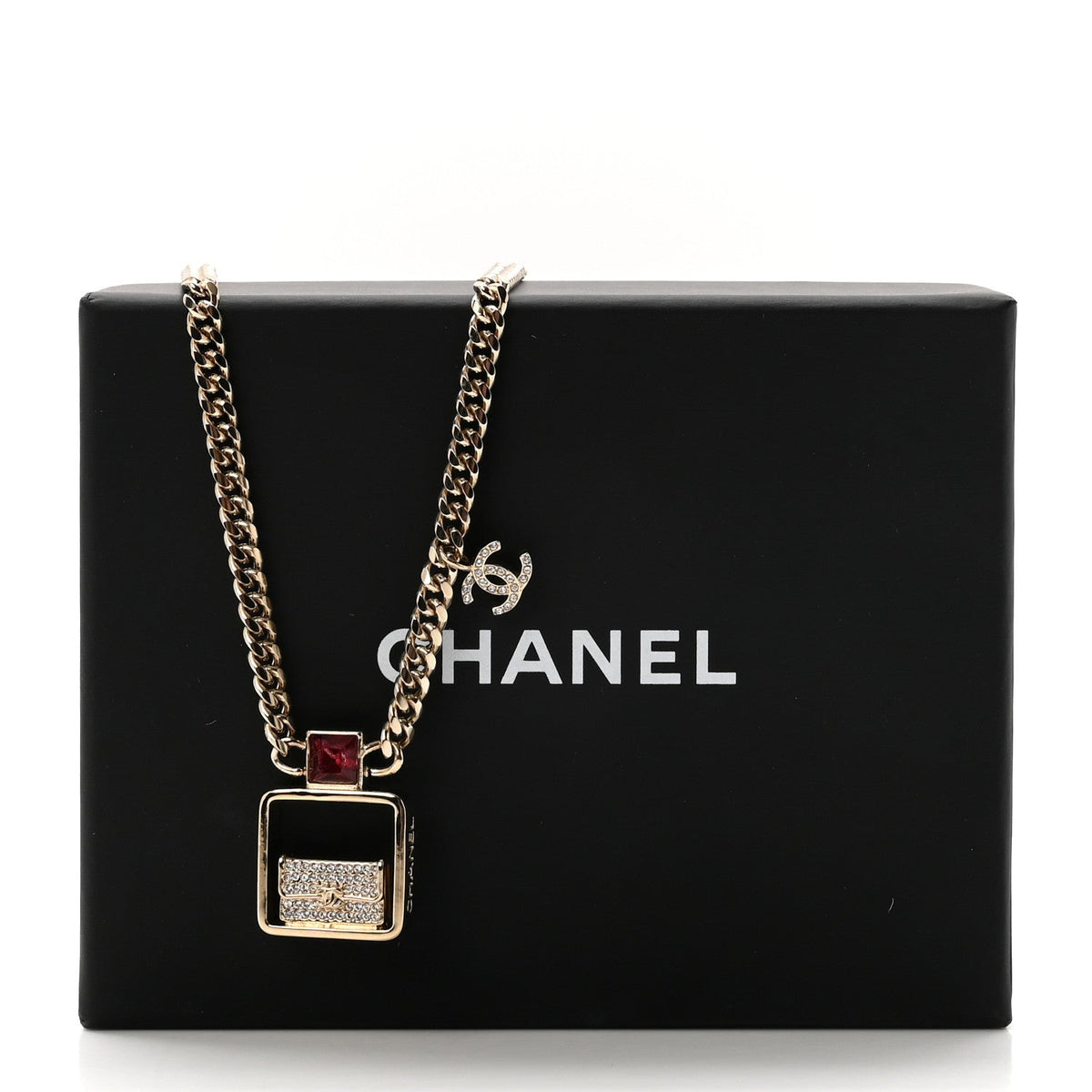 Chanel Metal Crystal Quilted Flap Bag Necklace Gold