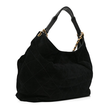 Chanel Suede Calfskin Lambskin Quilted Maxi Hobo Black
