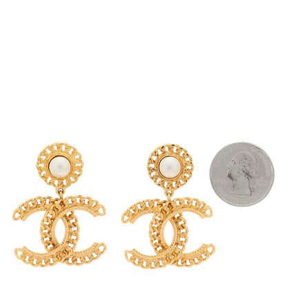 Chanel Metal Pearl CC Chain Drop Earrings Gold