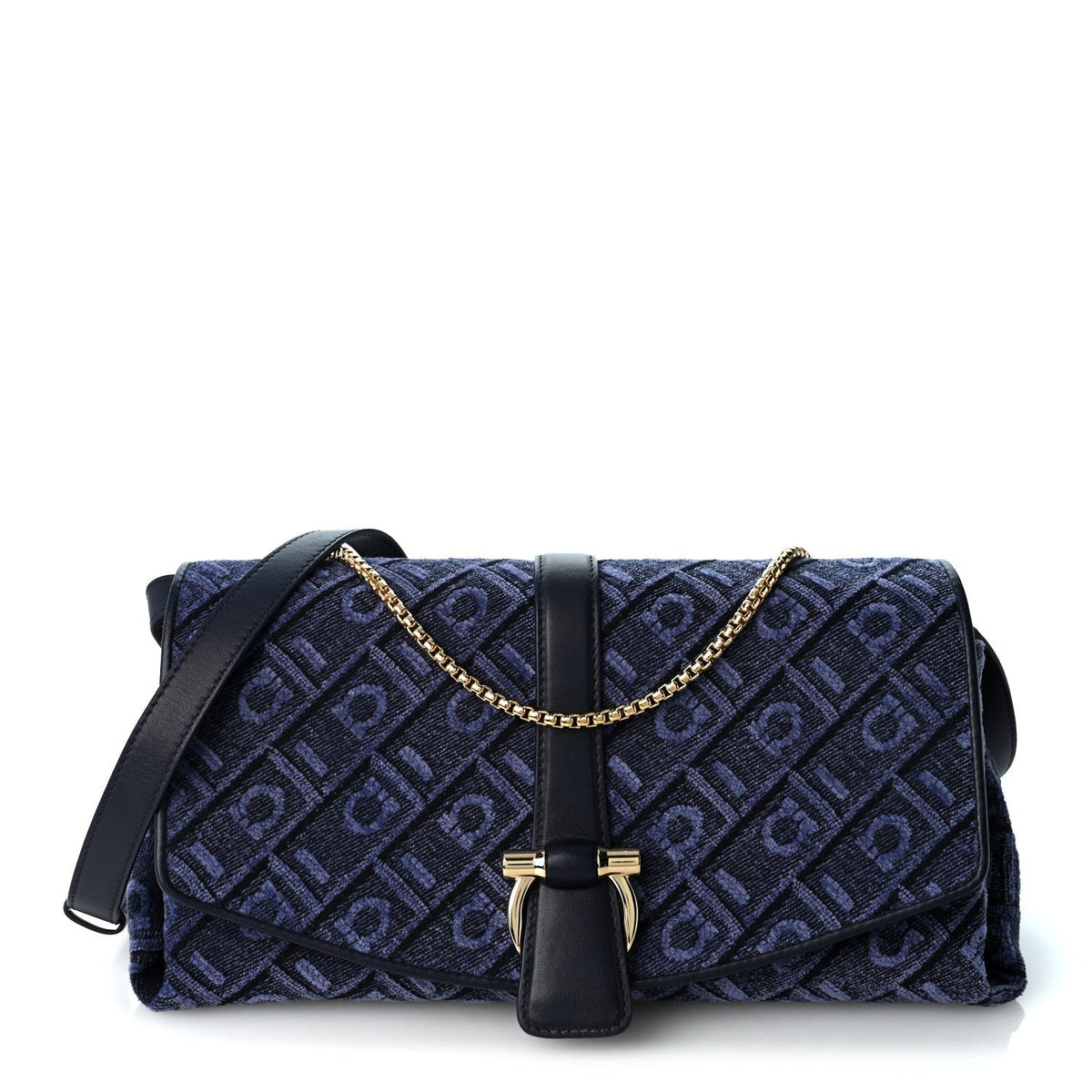 Salvatore Ferragamo Jacquard Small Mia Crossbody Bag Denim Midnight Blue