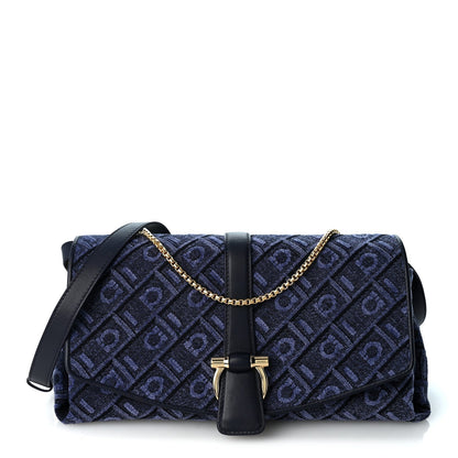 Salvatore Ferragamo Jacquard Small Mia Crossbody Bag Denim Midnight Blue