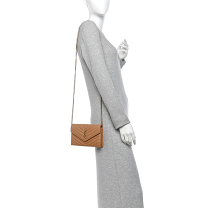 Saint Laurent Grain De Poudre Matelasse Chevron Envelope Chain Wallet Dune