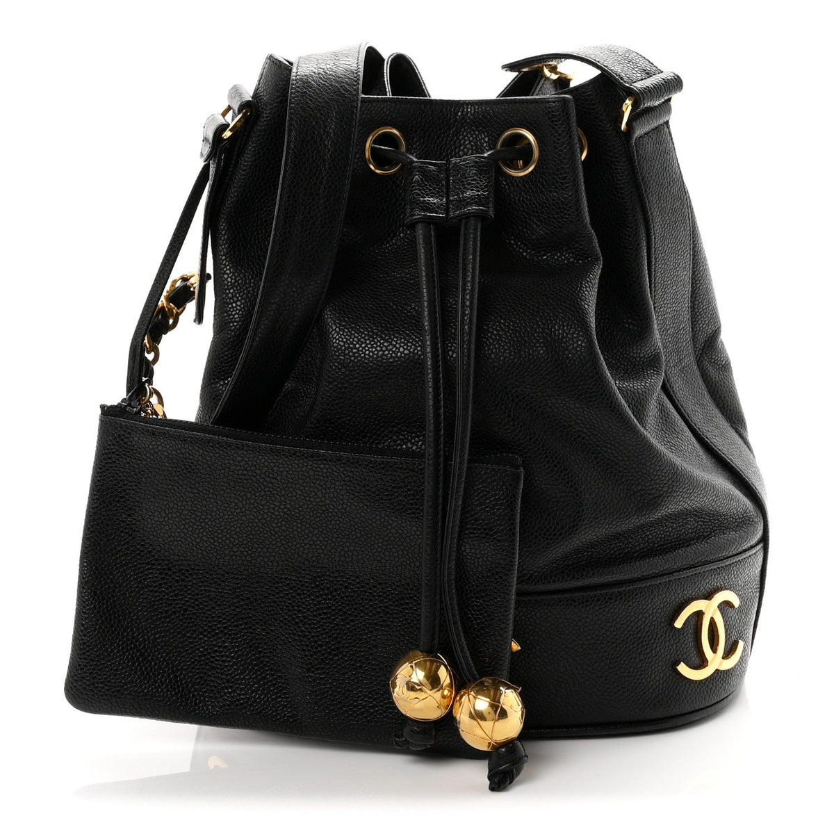 Chanel Caviar CC Drawstring Shoulder Bag Black