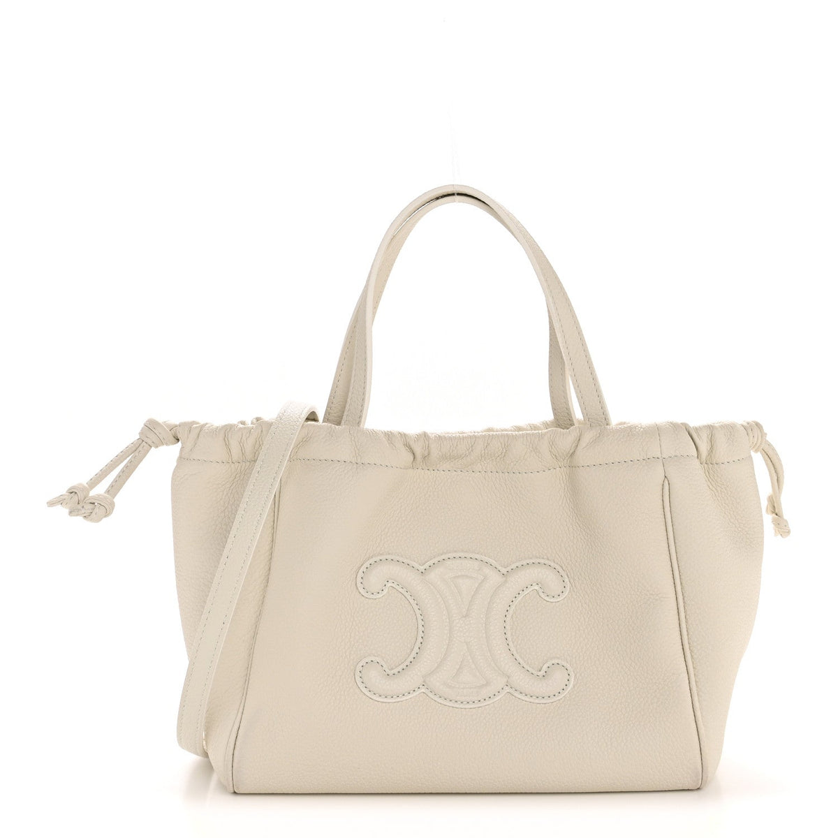 Celine Calfskin Cuir Small Triomphe Cabas Drawstring White