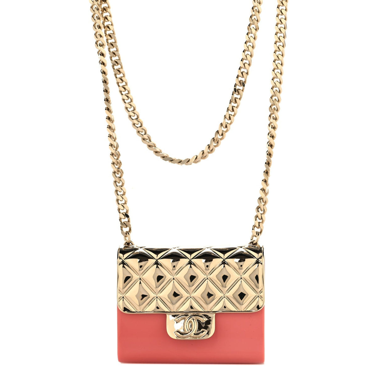 Chanel Metal Resin Flap Bag Long Necklace Gold Pink