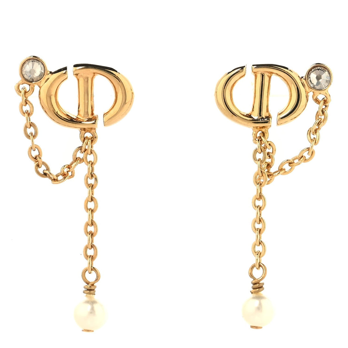 Christian Dior Pearl Crystal CD Drop Earrings Gold