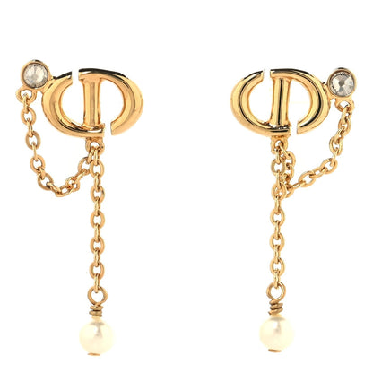 Christian Dior Pearl Crystal CD Drop Earrings Gold
