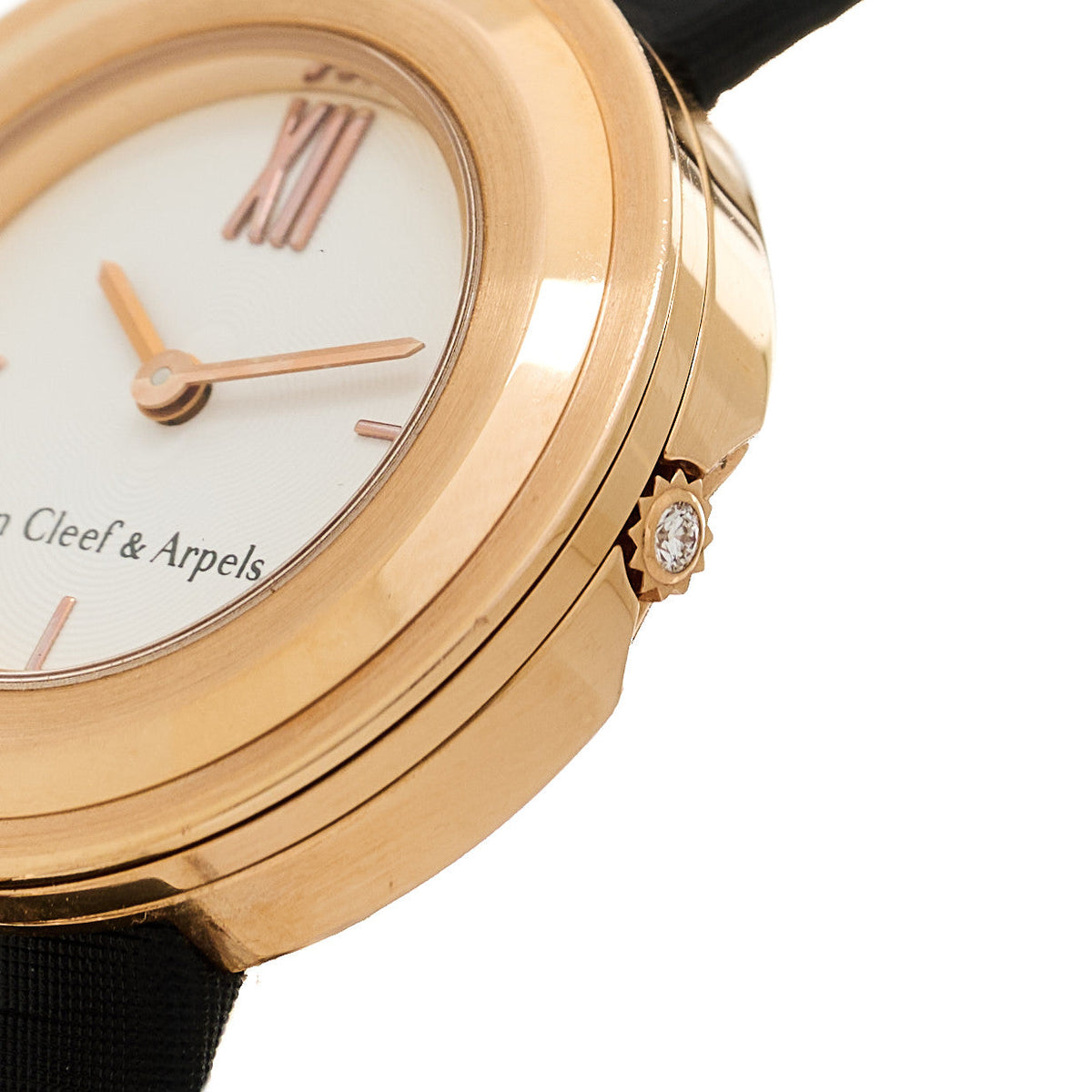 Van Cleef & Arpels 18K Rose Gold Satin 25mm Charms Watch Black