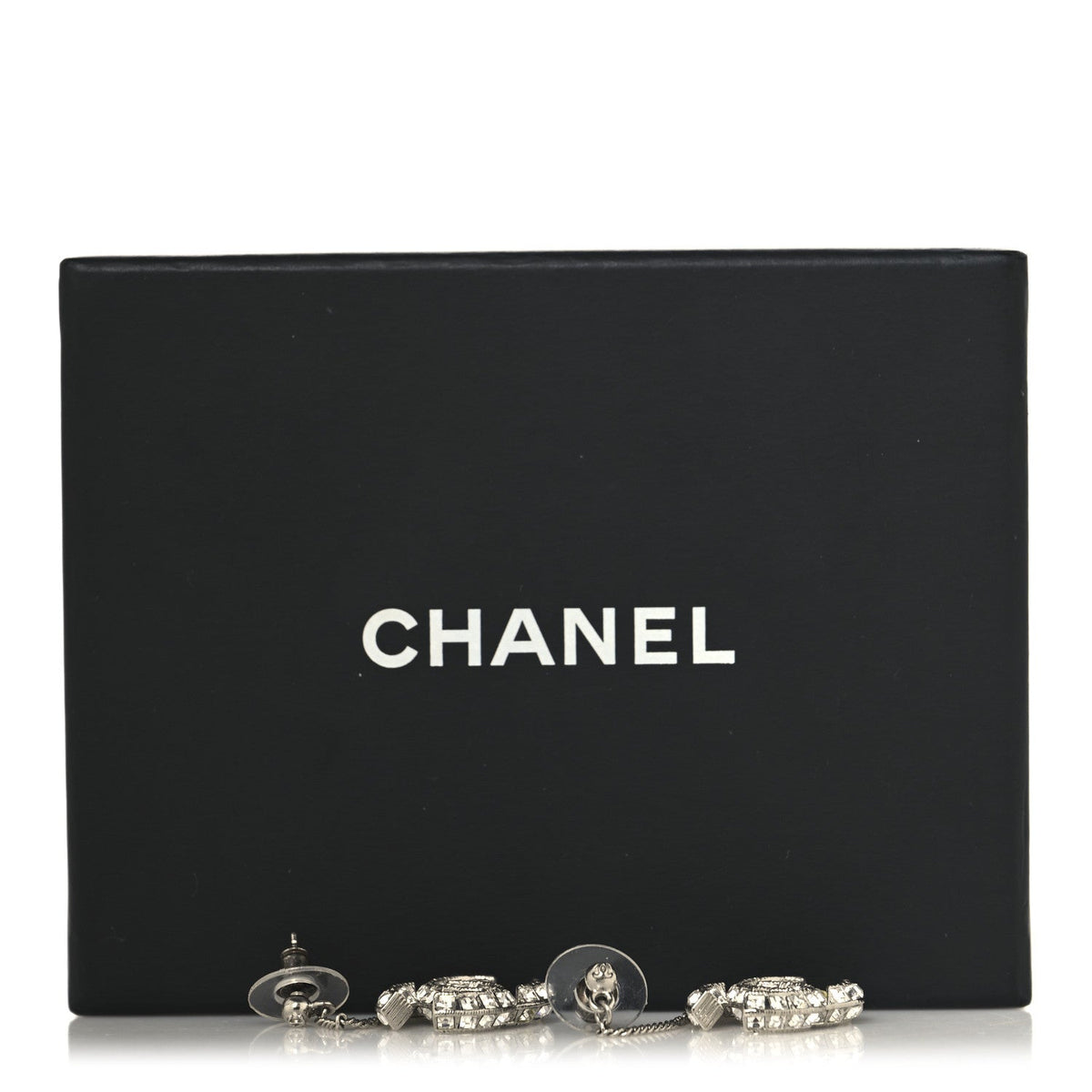 Chanel Baguette Crystal CC Drop Earrings Silver