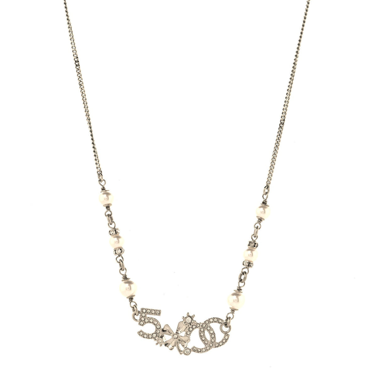 Chanel Crystal Pearl Star 5 CC Necklace Silver White