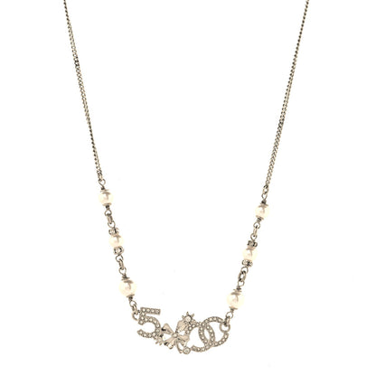 Chanel Crystal Pearl Star 5 CC Necklace Silver White