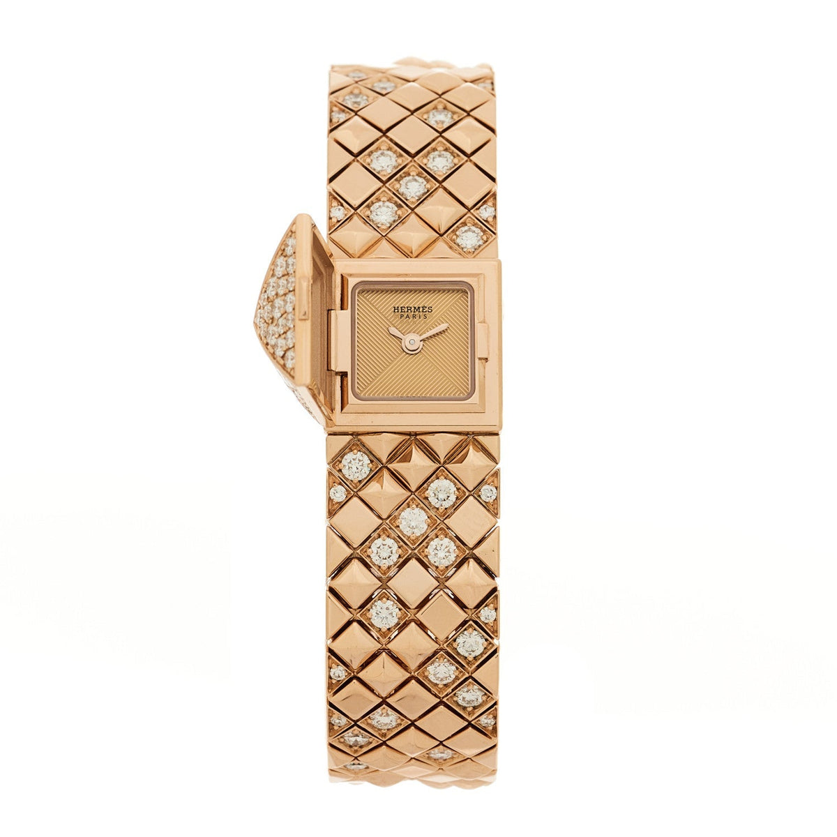 Hermes 18K Rose Gold Diamond 15mm Medor Joaillerie Quartz Watch