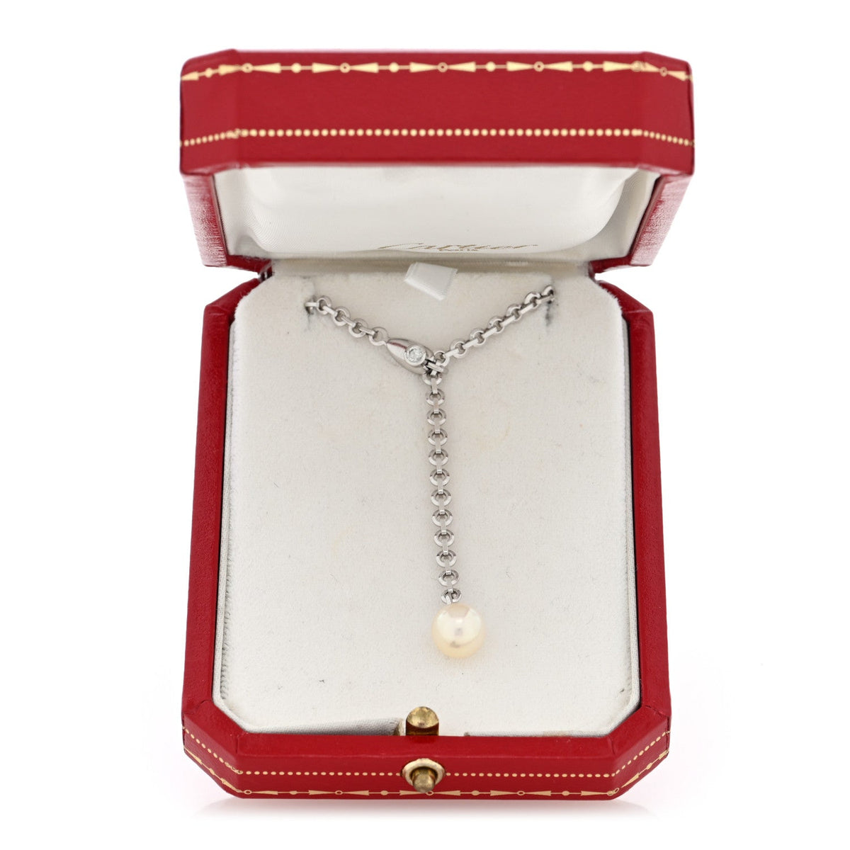 Cartier 18K White Gold Diamond Pearl 8.5mm Lariat Pendant Necklace