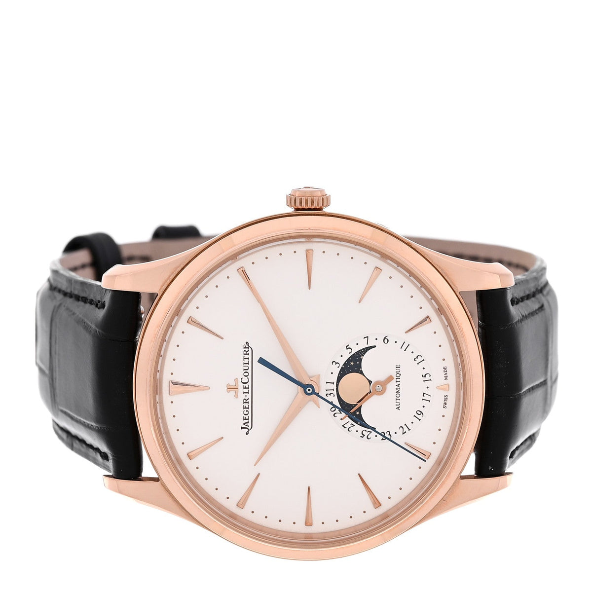 Jaeger-LeCoultre 18K Rose Gold Alligator 39mm Master Ultra Thin Moon Watch Ivory Q1362511