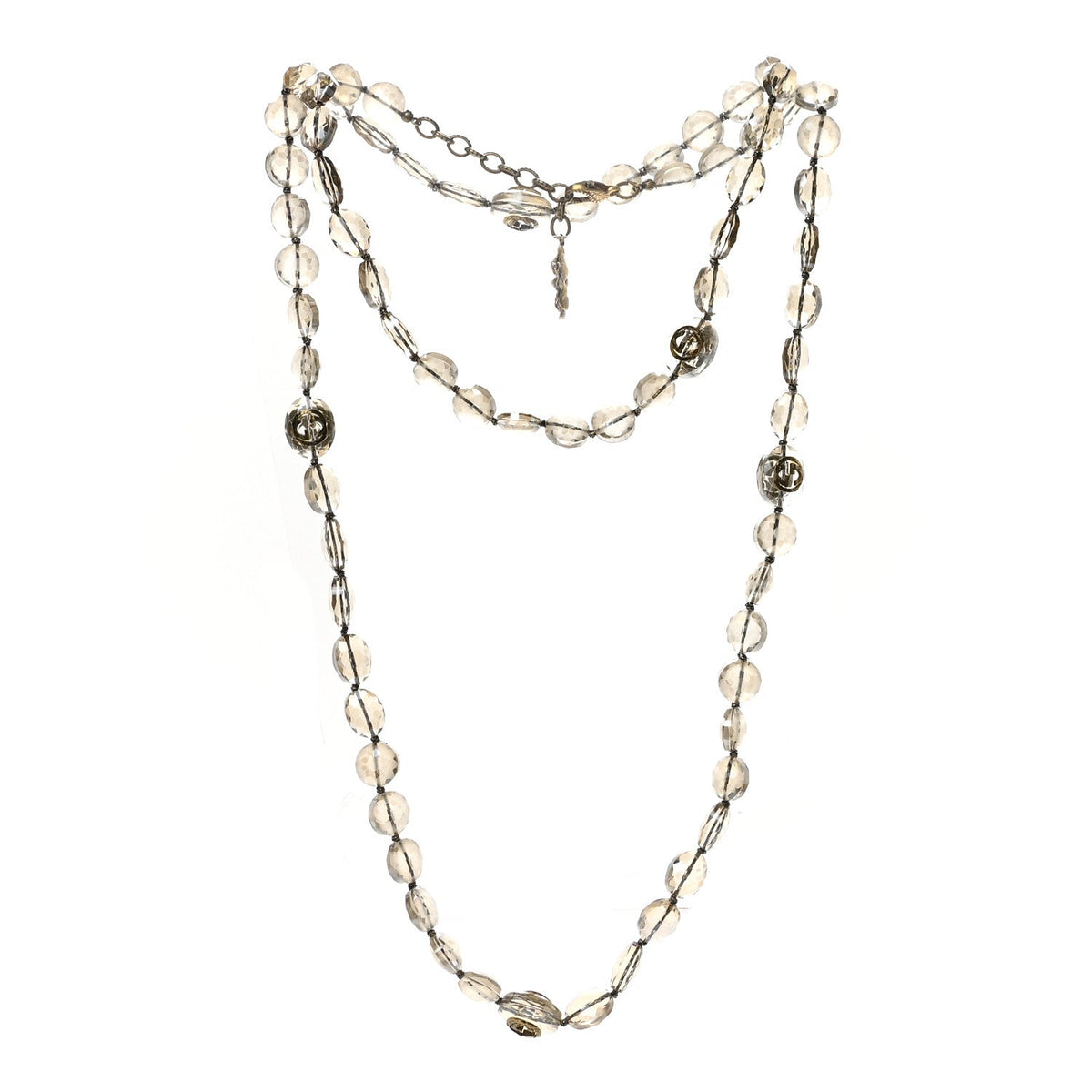 Gucci Metal Crystal Bead Flower Long Necklace Gold