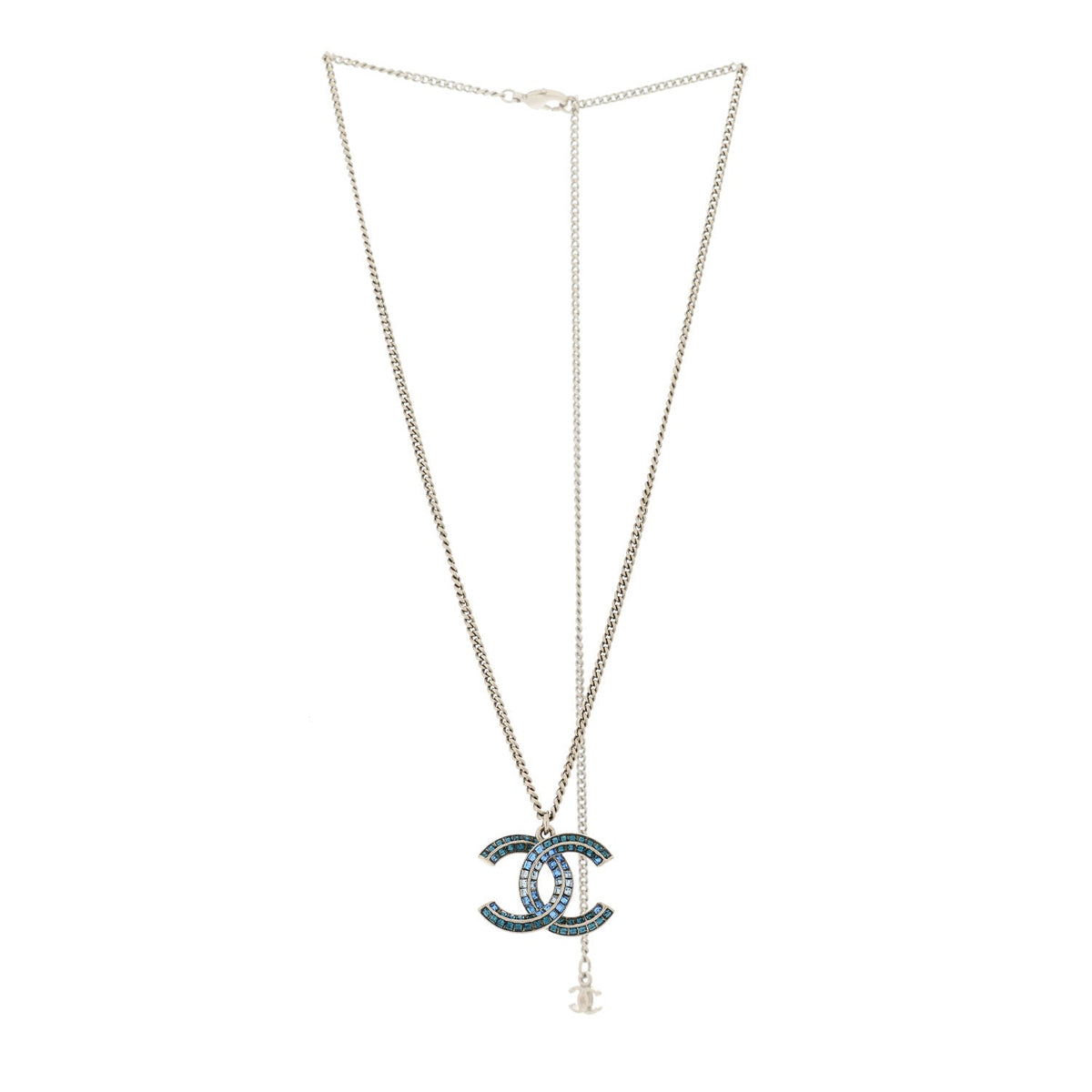 Chanel Crystal Baguette CC Necklace Silver Blue