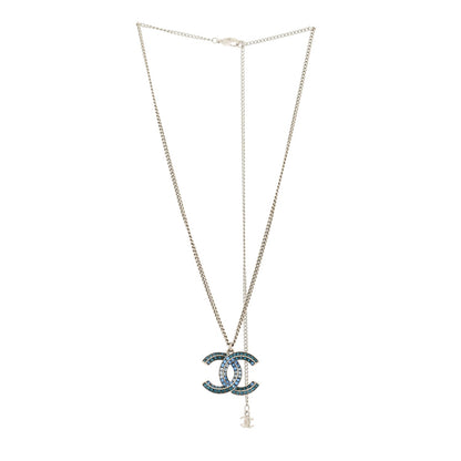 Chanel Crystal Baguette CC Necklace Silver Blue