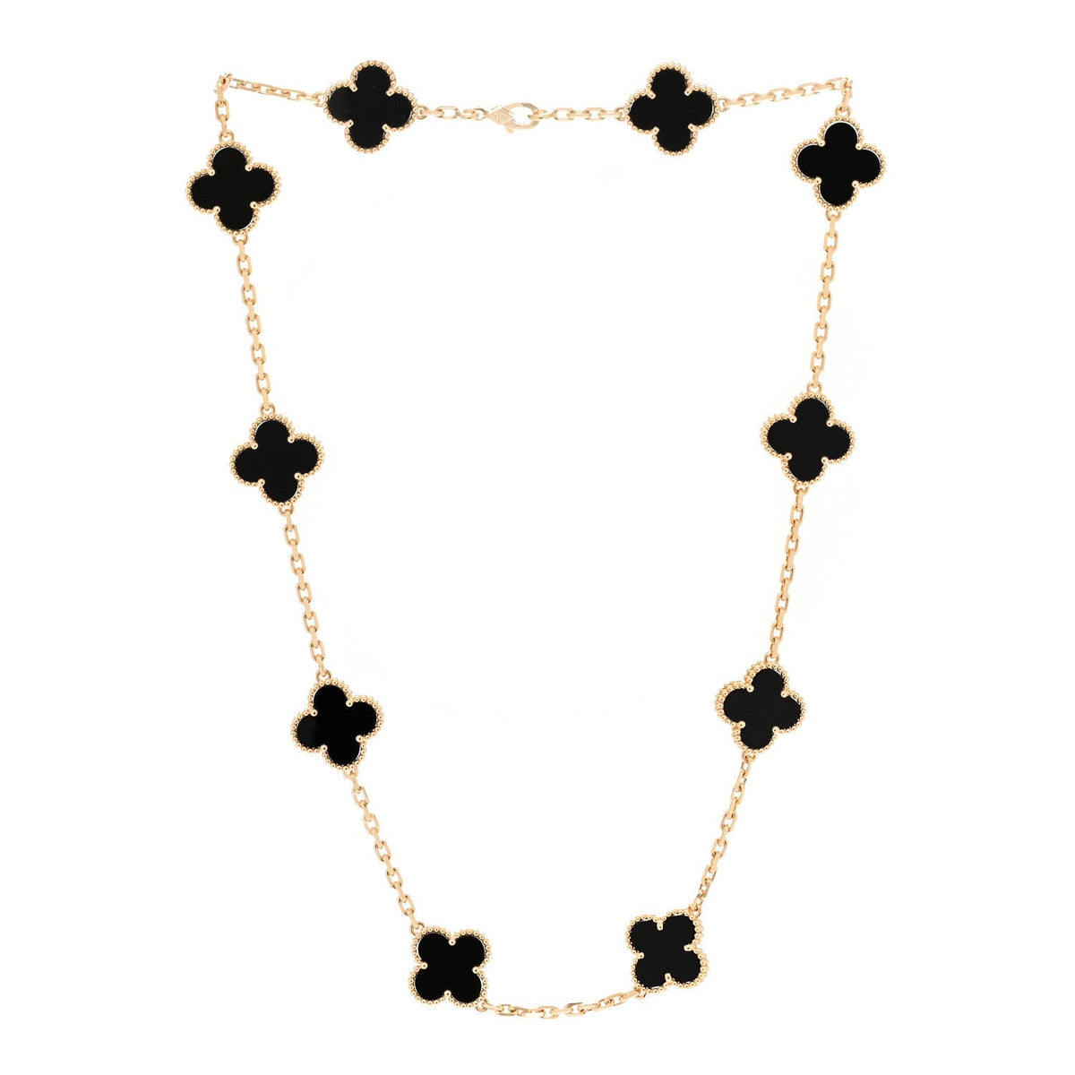Van Cleef & Arpels 18K Yellow Gold Onyx 10 Motif Vintage Alhambra Necklace