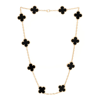 Van Cleef & Arpels 18K Yellow Gold Onyx 10 Motif Vintage Alhambra Necklace