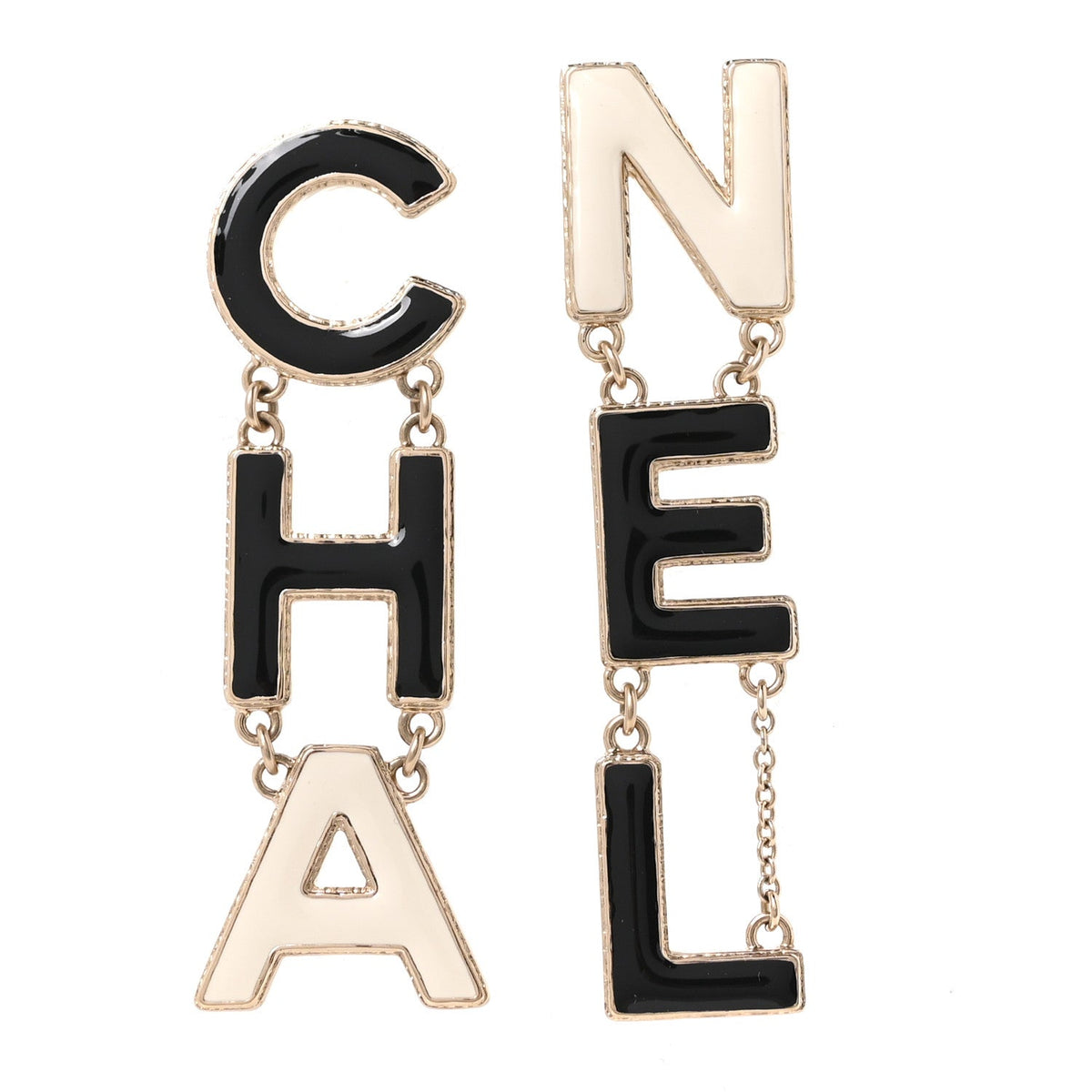 Chanel Metal Enamel Cha-Nel Logo Drop Earrings Black White