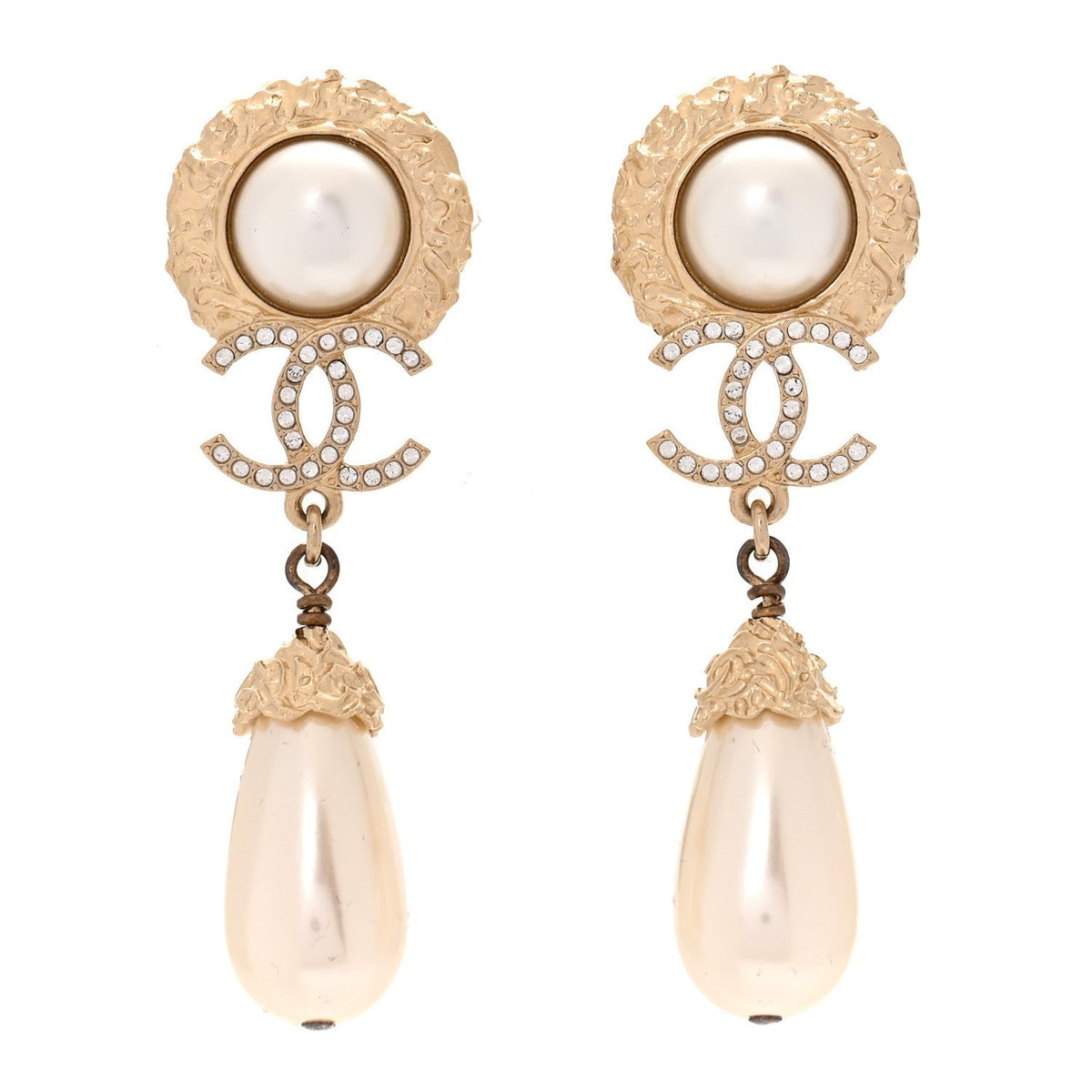 Chanel Metal Pearl Crystal Teardrop CC Drop Earrings Gold