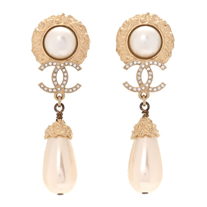 Chanel Metal Pearl Crystal Teardrop CC Drop Earrings Gold
