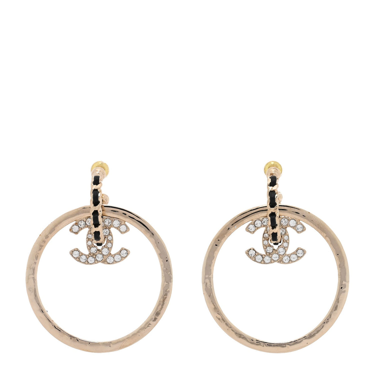 Chanel Metal Crystal Lambskin CC Chain Hoop Earrings Gold Black