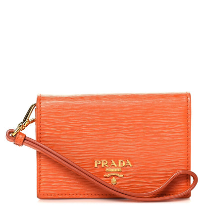 Prada Vitello Move Metal Wristlet Card Holder Papaya