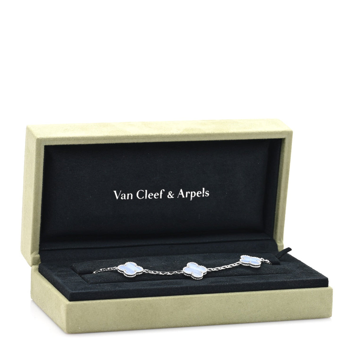 Van Cleef & Arpels 18K White Gold Chalcedony 5 Motifs Vintage Alhambra Bracelet