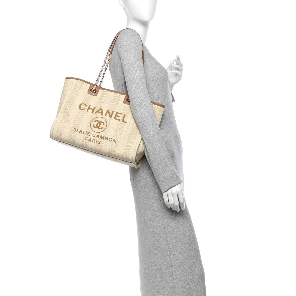 Chanel Mixed Fibers Calfskin Striped Small Deauville Tote Beige