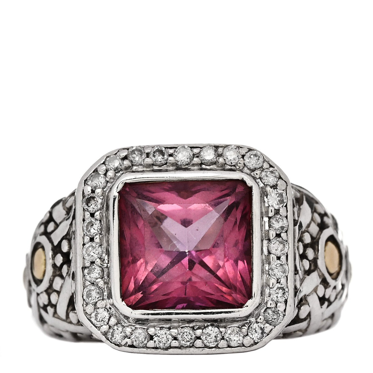 John Hardy Sterling Silver 18K Yellow Gold Diamond Pink Topaz Batu Sari Ring 52 6