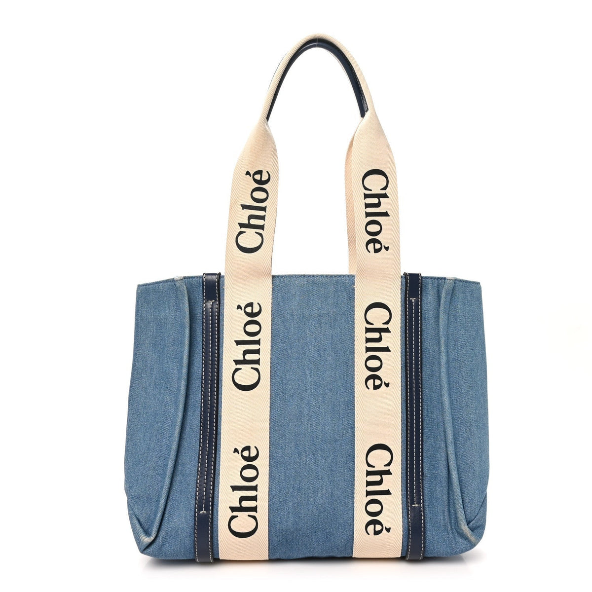 Chloe Denim Shiny Calfskin Medium Woody Ribbon Tote Navy
