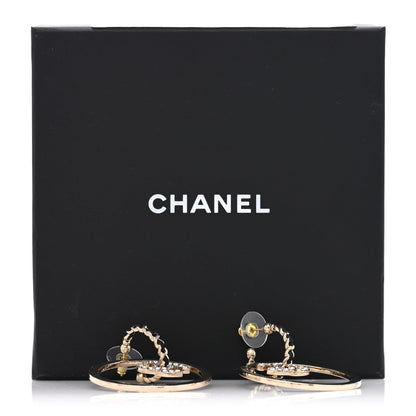 Chanel Metal Crystal Lambskin CC Chain Hoop Earrings Gold Black