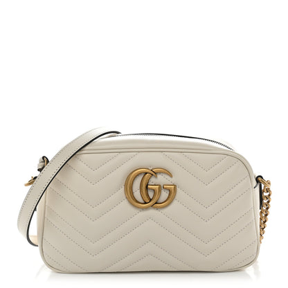 Gucci Calfskin Matelasse Small GG Marmont Chain Shoulder Bag White