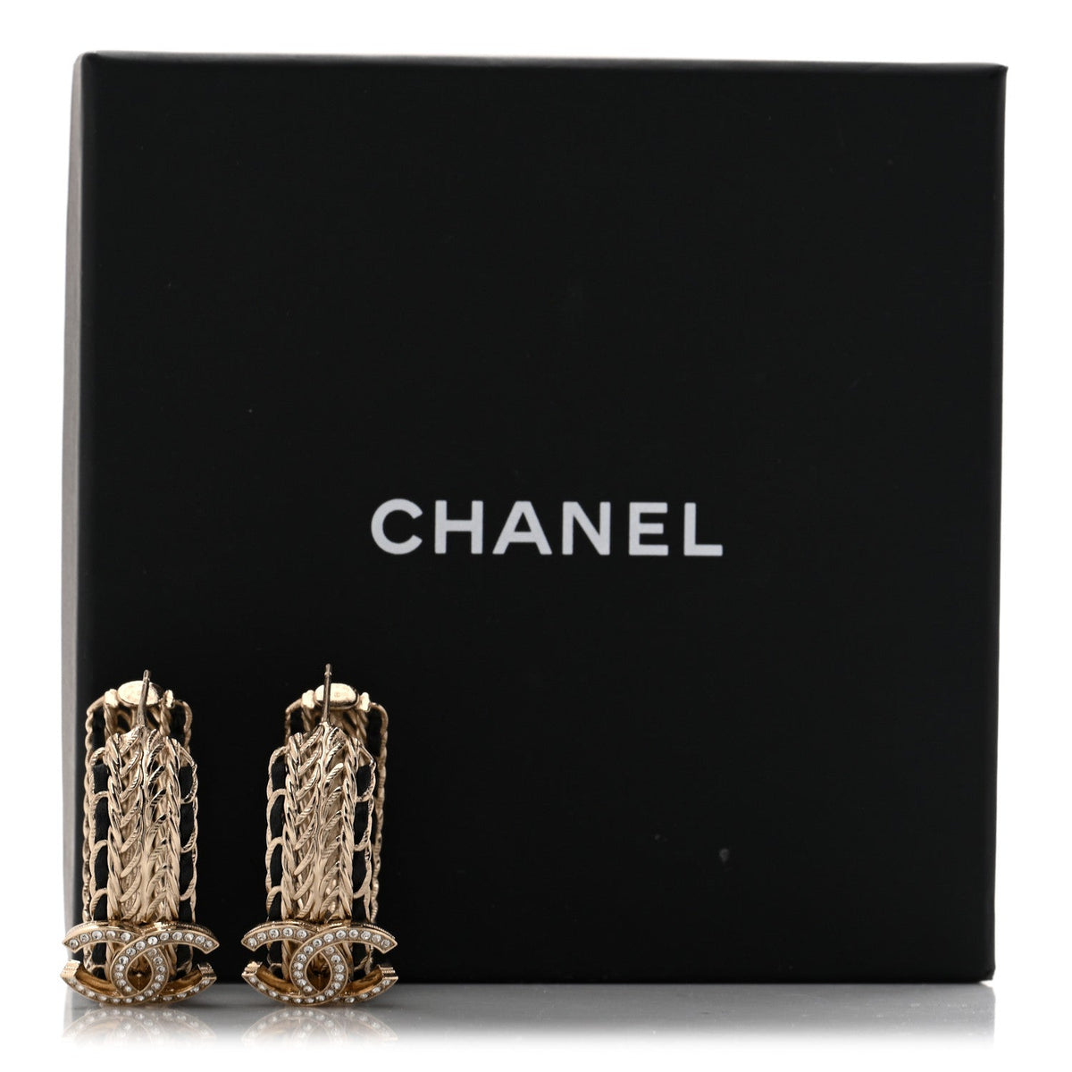 Chanel Crystal Lambskin CC Double Chain Hoop Earrings Gold Black