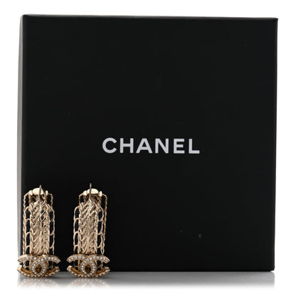 Chanel Crystal Lambskin CC Double Chain Hoop Earrings Gold Black