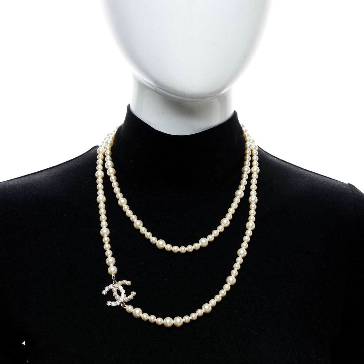Chanel Pearl Baguette Crystal CC Long Necklace Gold