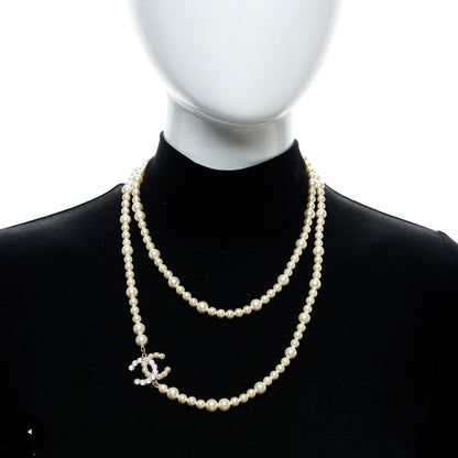 Chanel Pearl Baguette Crystal CC Long Necklace Gold