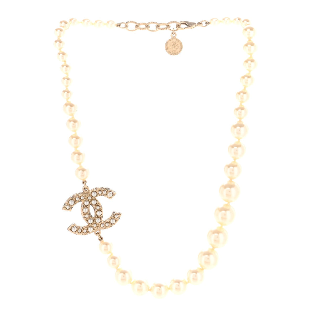 Chanel Pearl Crystal CC 100th Anniversary Necklace Light Gold