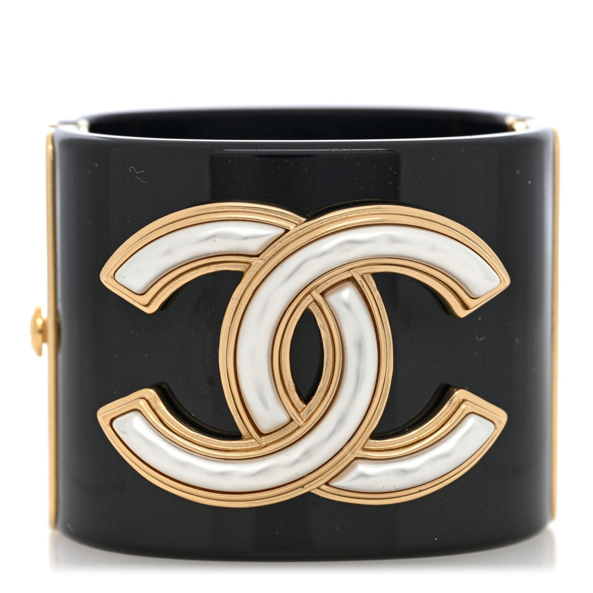 Chanel Resin Pearl Enamel CC Cuff Bracelet Black Gold