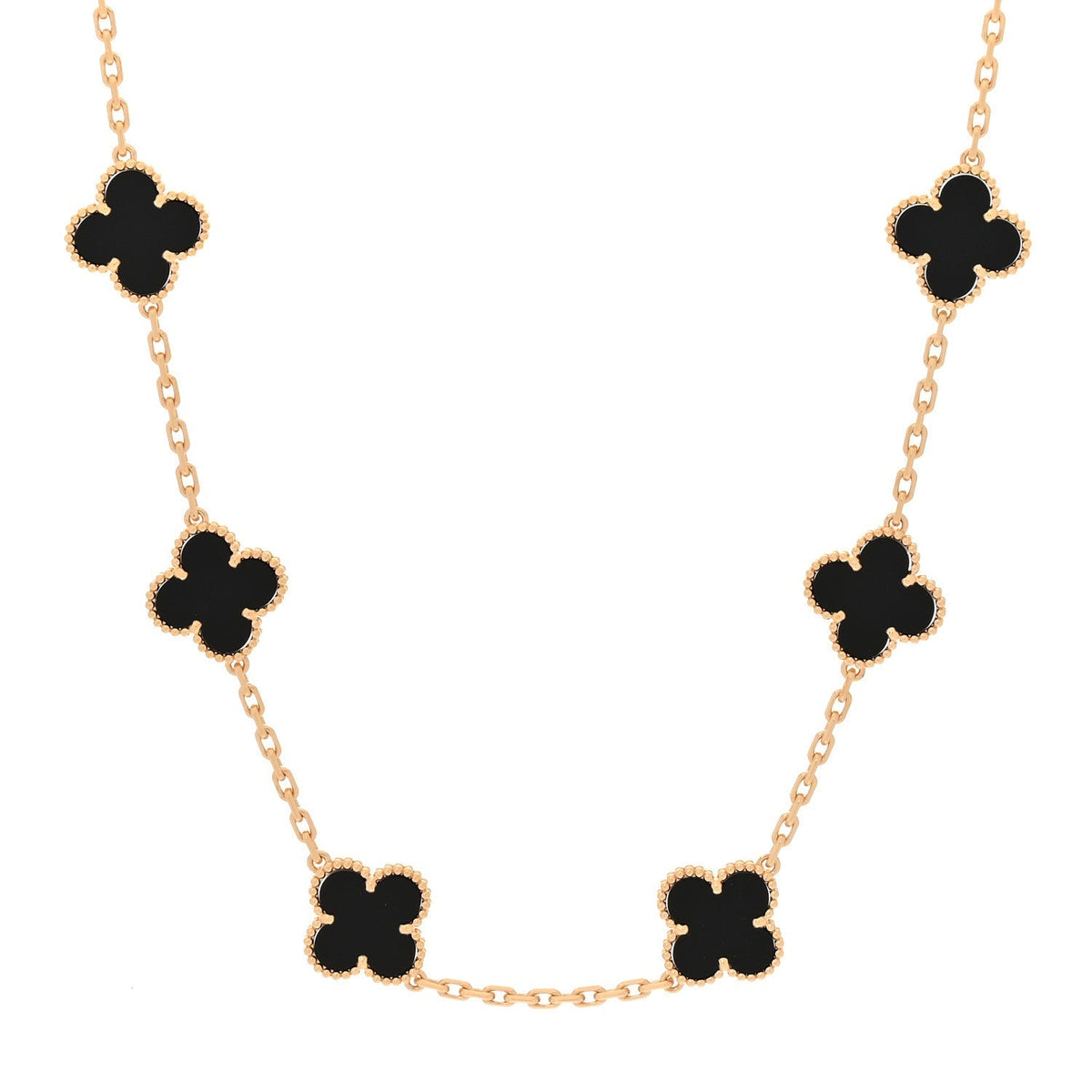 Van Cleef & Arpels 18K Yellow Gold Onyx 10 Motif Vintage Alhambra Necklace