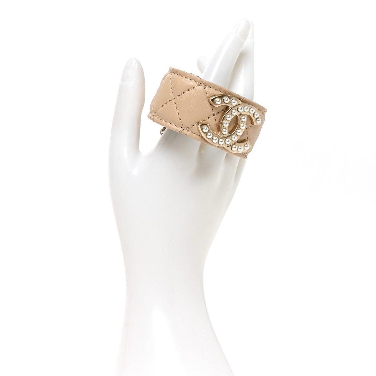 Chanel Lambskin Quilted Pearl CC Cuff Bracelet S Beige