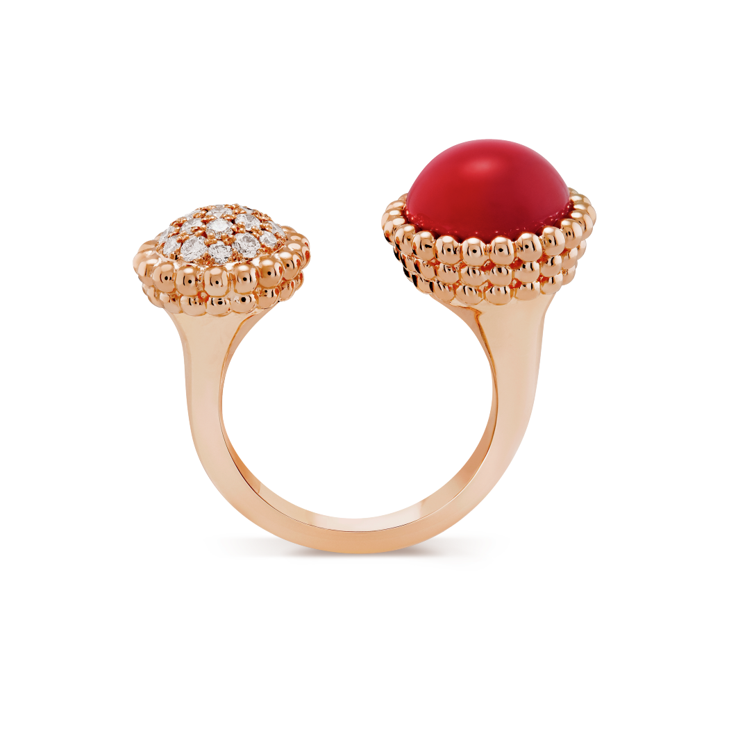 18K Rose Gold Diamond Carnelian VCA Perlée Couleurs Between the Finger Ring